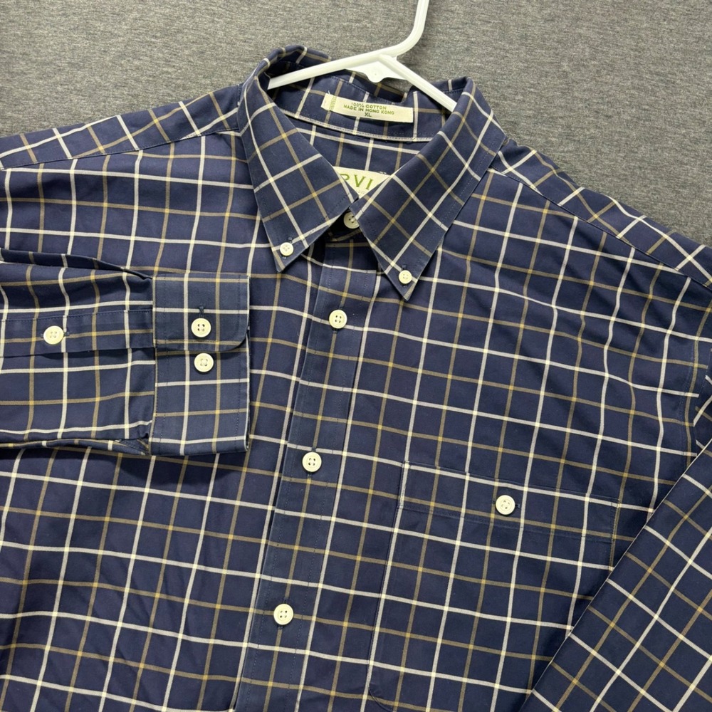 Orvis Shirt Mens XL Navy Windowpane Cotton Button Down Long Sleeve workwear